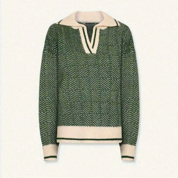 Green Casual Women's Knitted Long-Sleeved V-Neck Pullover sweater top - Picture 5 of 5